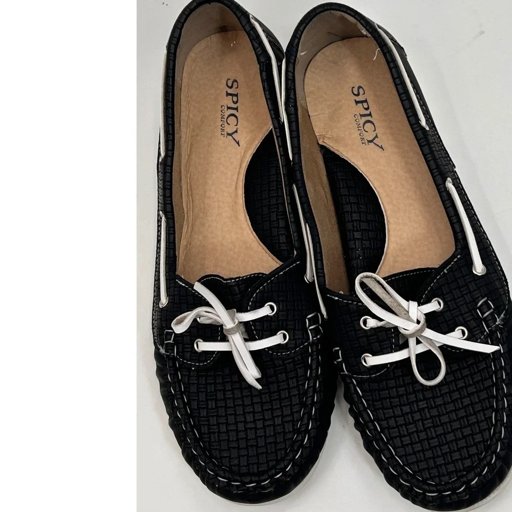 Spicy Comfort Womens Black Woven‎ Boat Shoes Lace Up Moccasin Flats Loafers 11